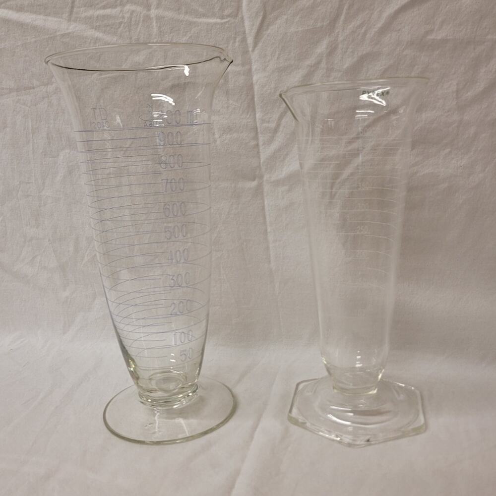 Set of 2 Antique Laboratory Hex-Footed Glass Graduated Cylindar Beakers Pyrex